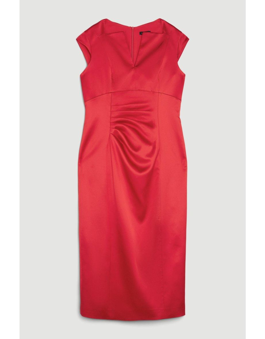 Italian Satin Envelope Neck Pencil Midi Dress - 3