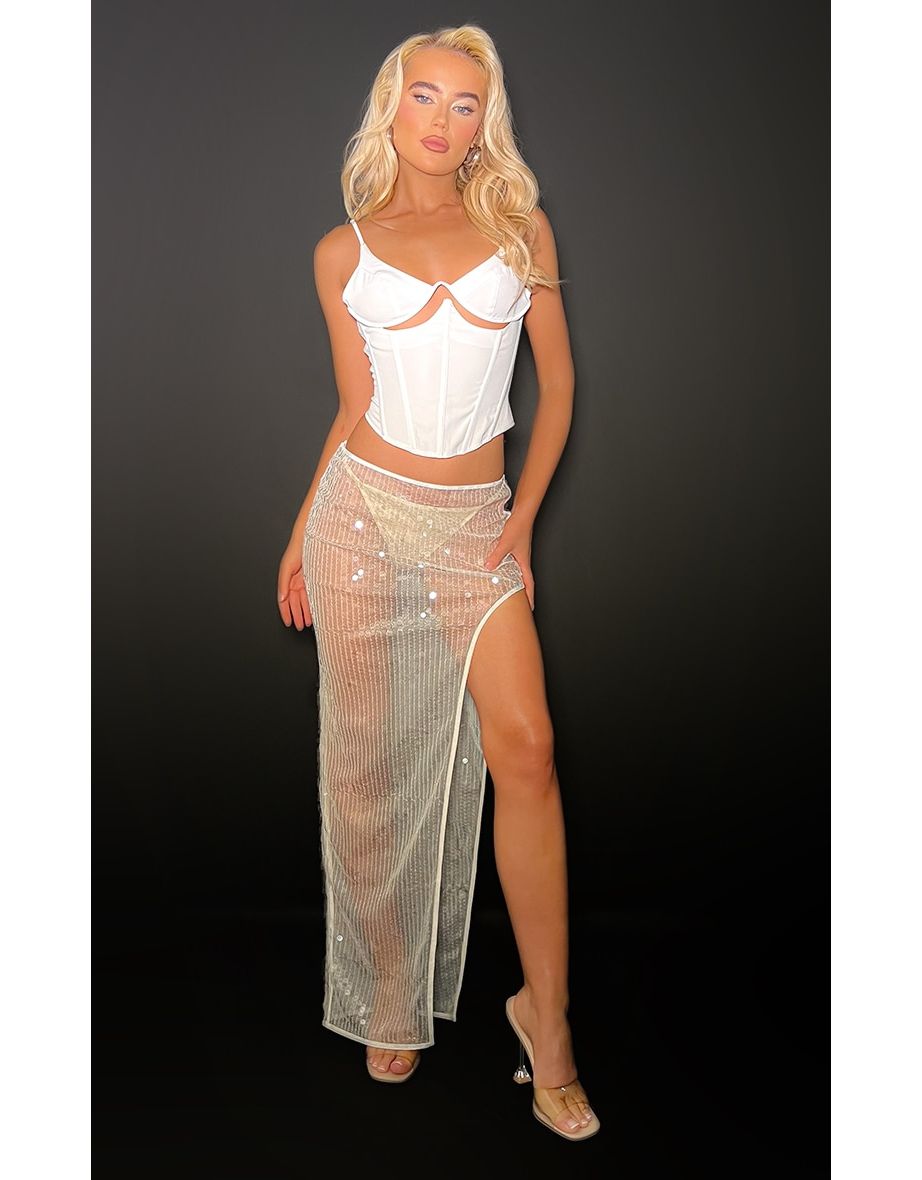 White Sheer Sequin High Thigh Split Maxi Skirt