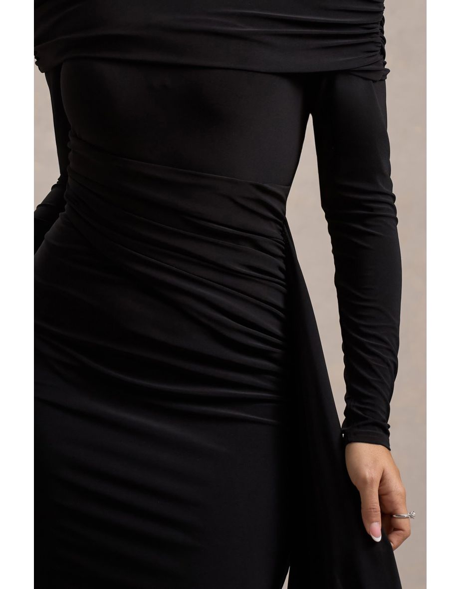 Savita | Black Ruched Asymmetric Mini Dress With Drape - 6
