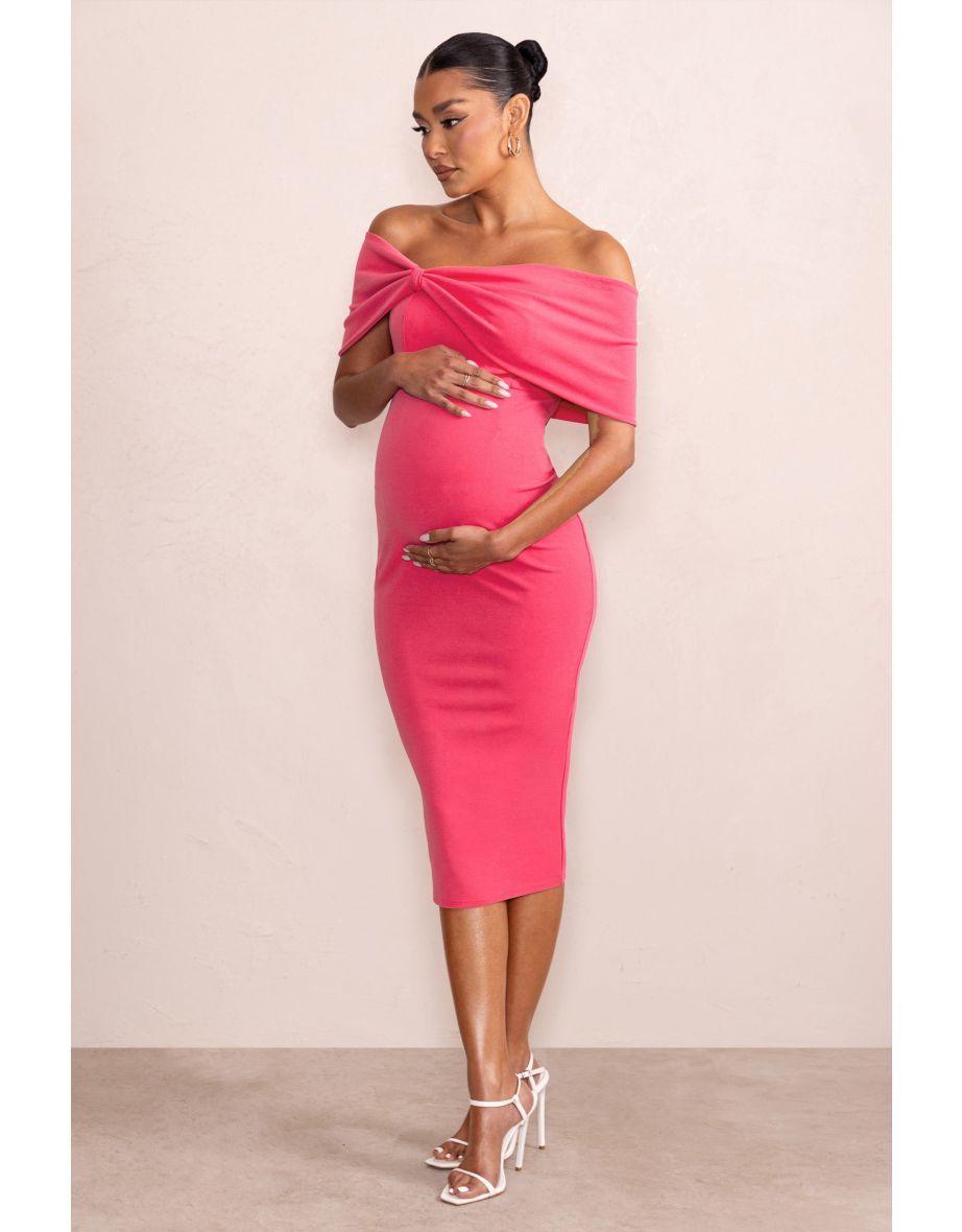 Alyssa | Hot Pink Bardot Bow Maternity Midi Dress with Ruching - 4