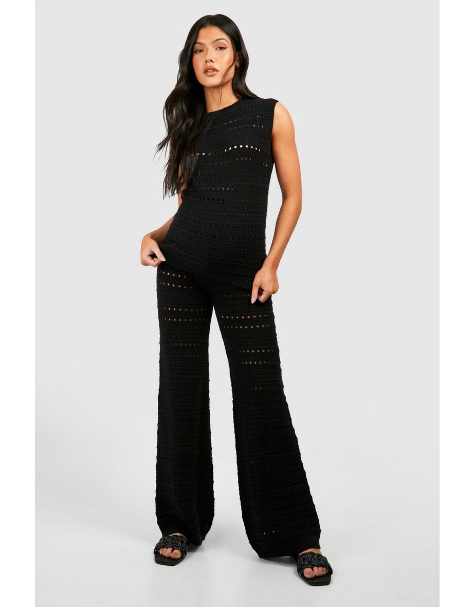 Maternity Crochet Tunic And Wide Leg Trouser Knitted Set - black