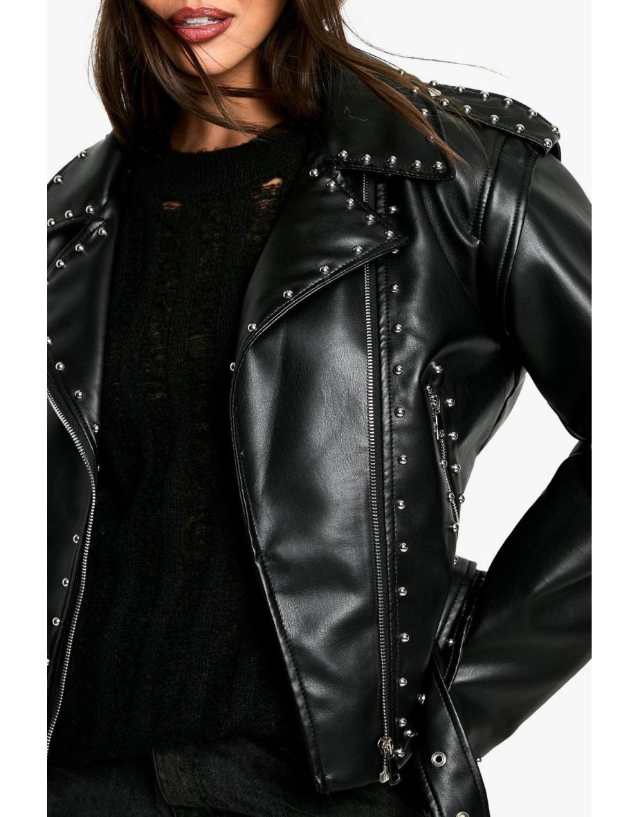 Studded Faux Leather Biker Jacket - 3