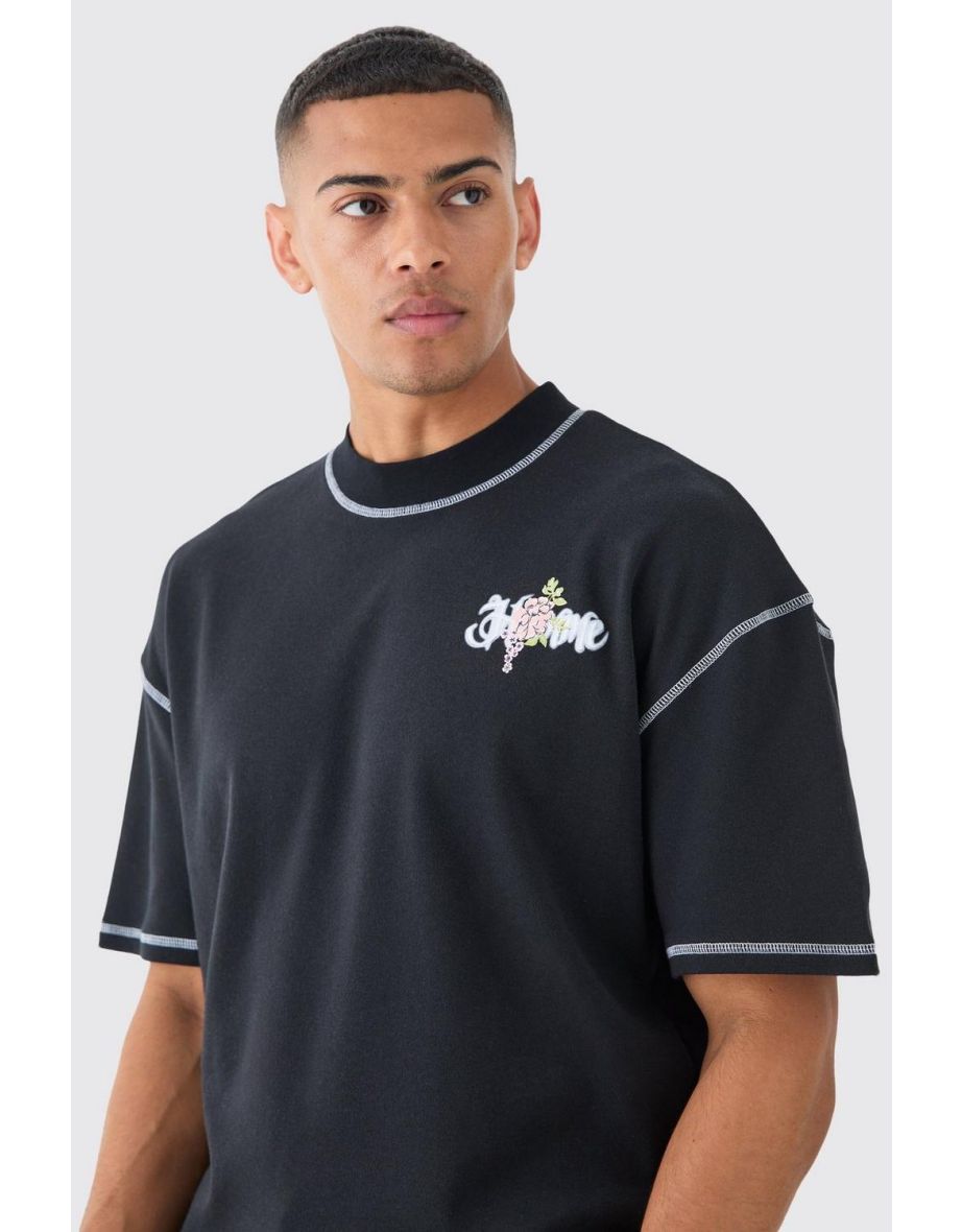 Oversized Boxy Large Scale Limited Print Contrast Stitch T-shirt - black - 2
