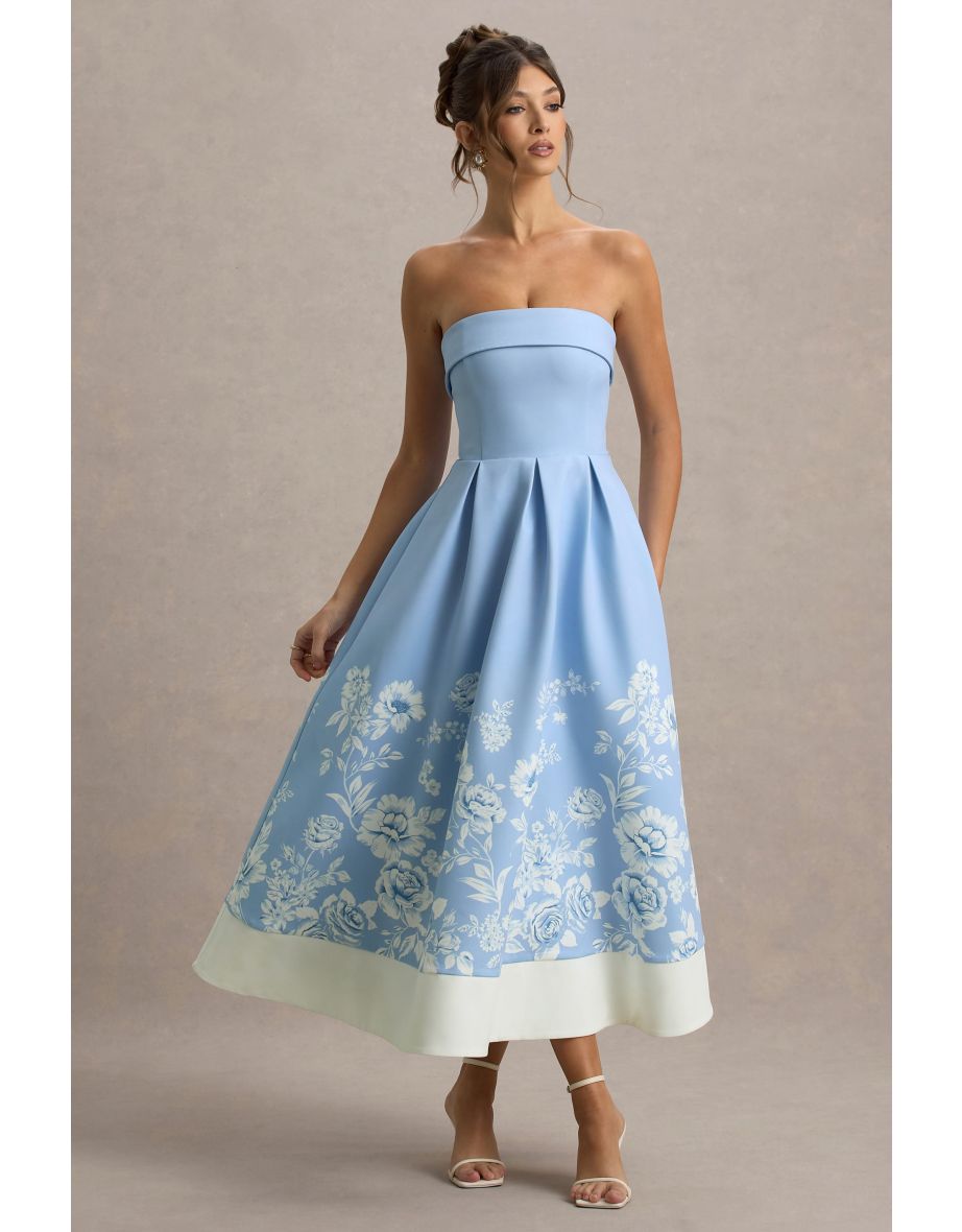Annalise | Light Blue Floral Print Bandeau Skater Midi Dress
