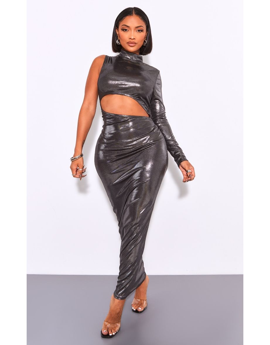 Shape Silver Metallic Cut Out Front Long Sleeve Maxi Dress