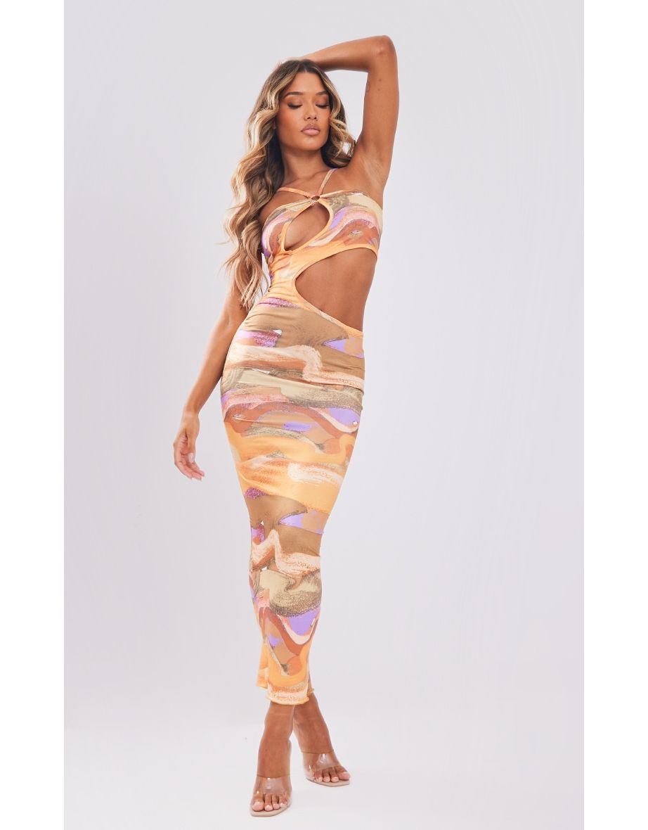 Orange Abstract Print Slinky Ring Detail Cut Out Maxi Dress