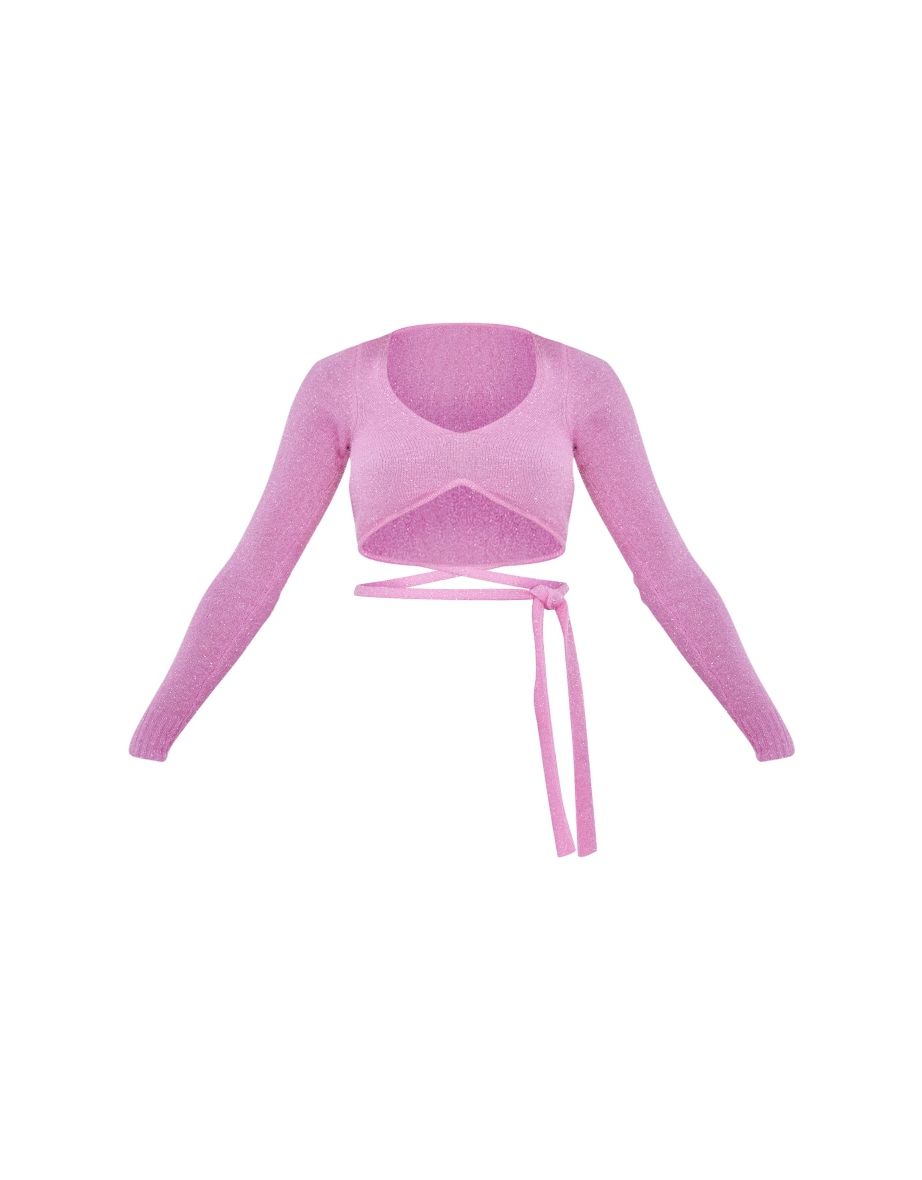 Pink Tinsel Knit Wrap Long Sleeve Top - 4