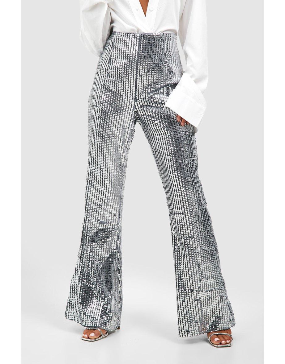 Petite Heavy Sequin High Waist Flare Trouser - silver - 3