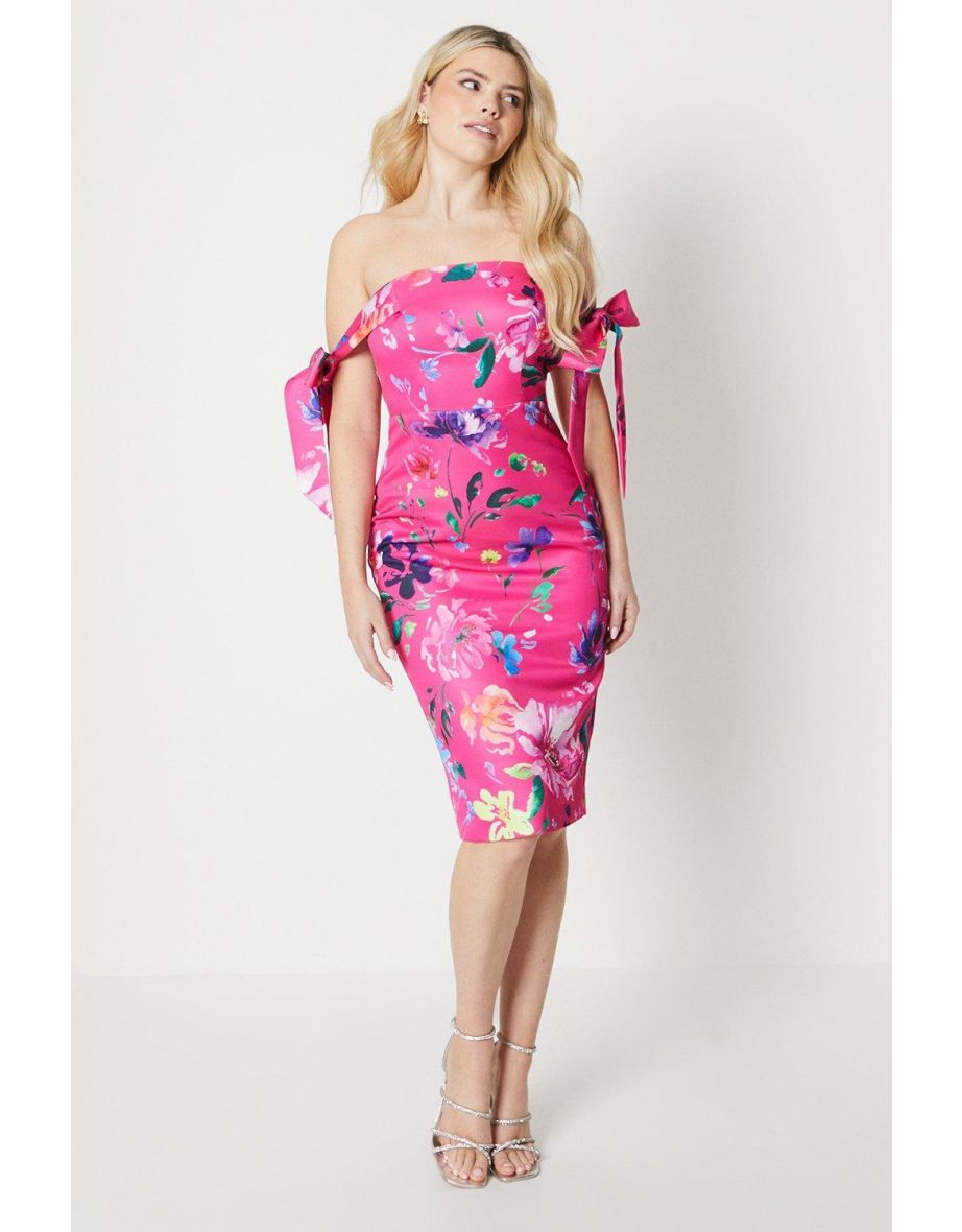 Debut London Draped Tie Shoulder Bardot Pencil Dress - pink