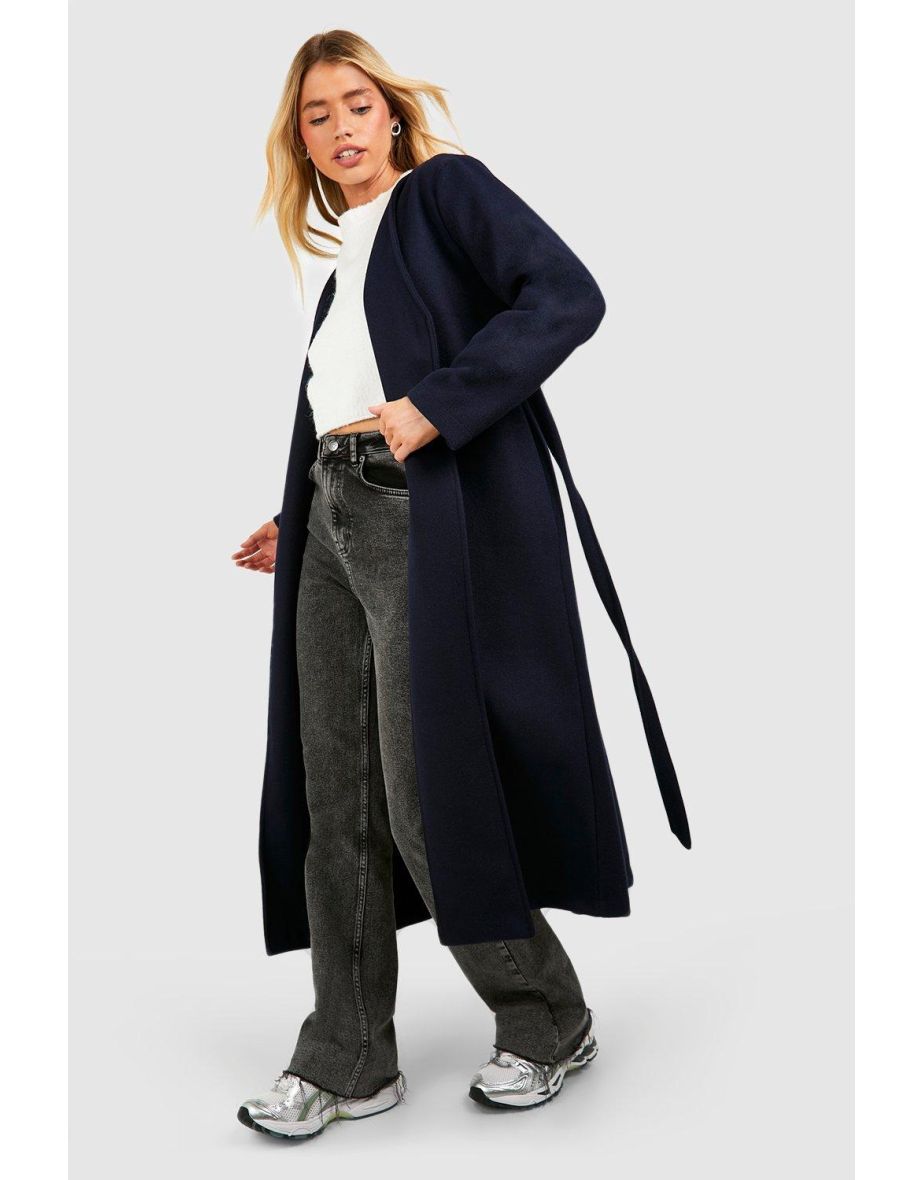 Navy on sale collarless coat