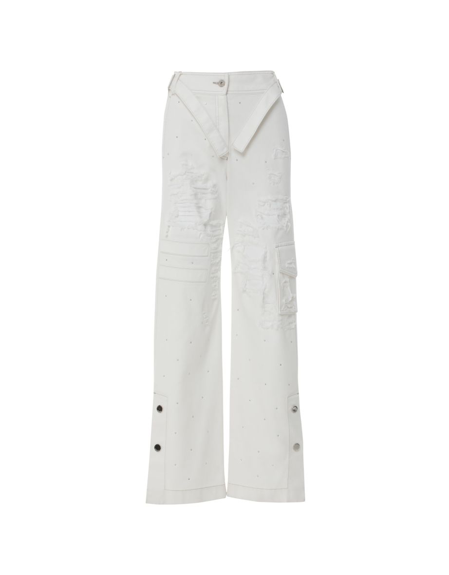 White Jeans with Stone Effect With Buckle Detail Aging Effect