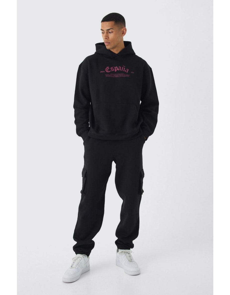 Oversized Gothic Embroidered Cargo & Hoodie Tracksuit - black