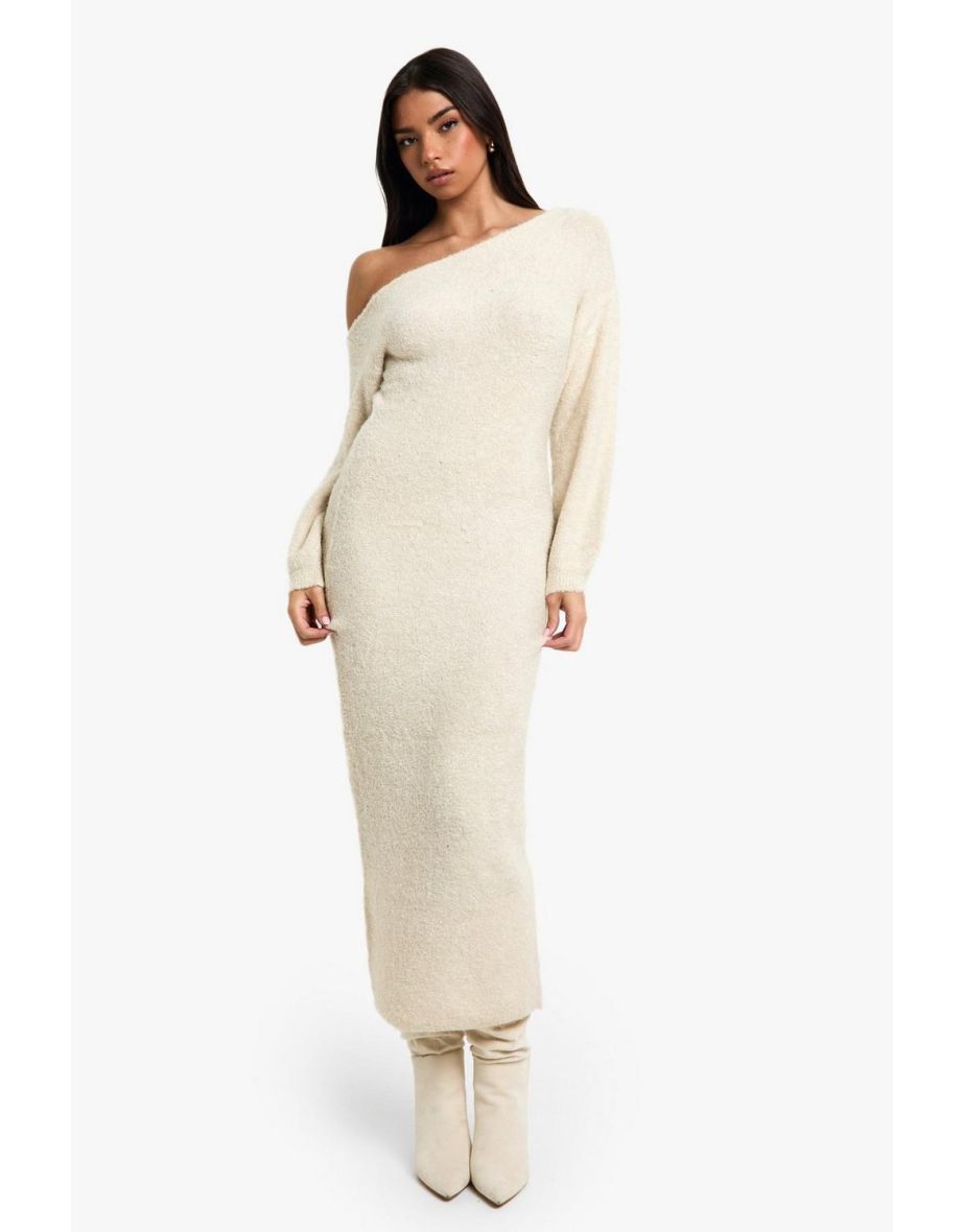Off The Shoulder Borg Knitted Maxi Dress
