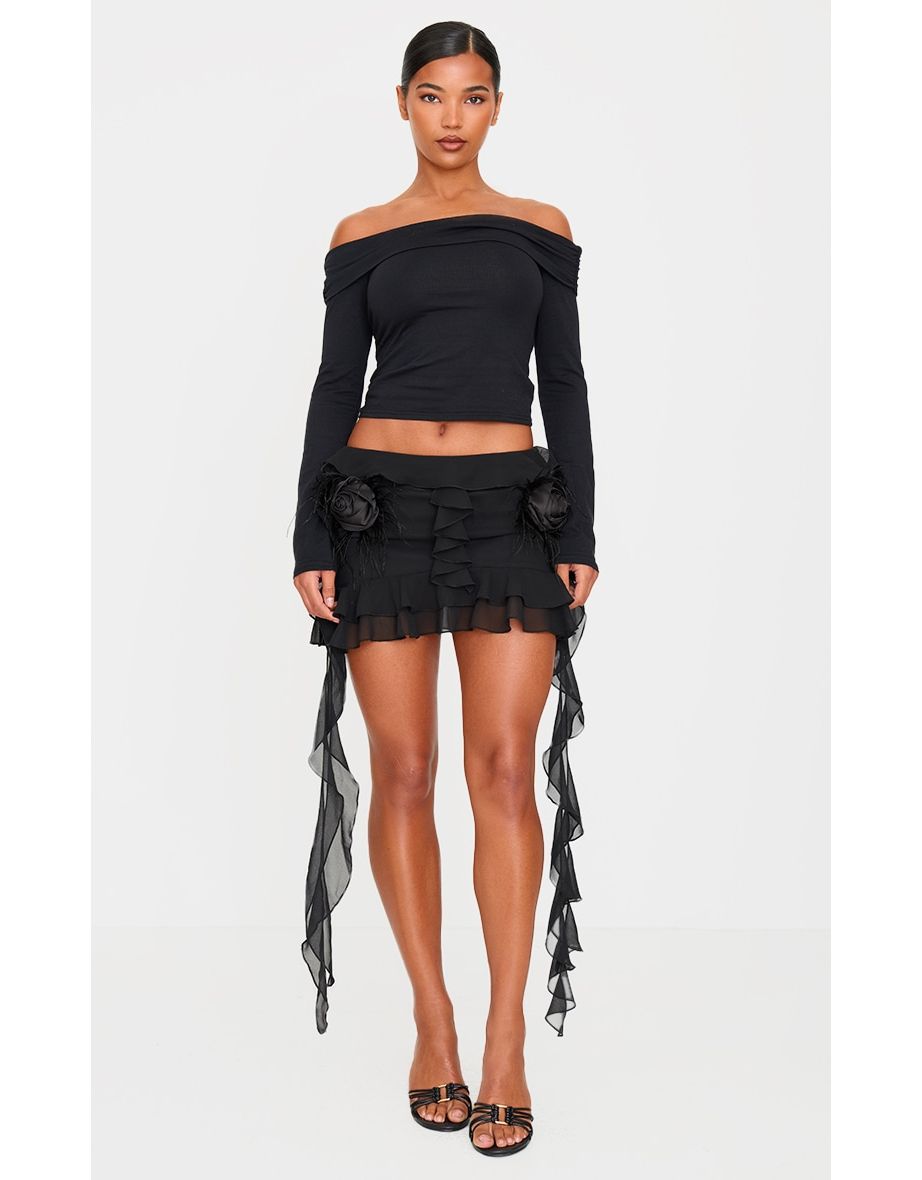 Black Chiffon Ruffle Corsage Detail Micro Mini Skirt