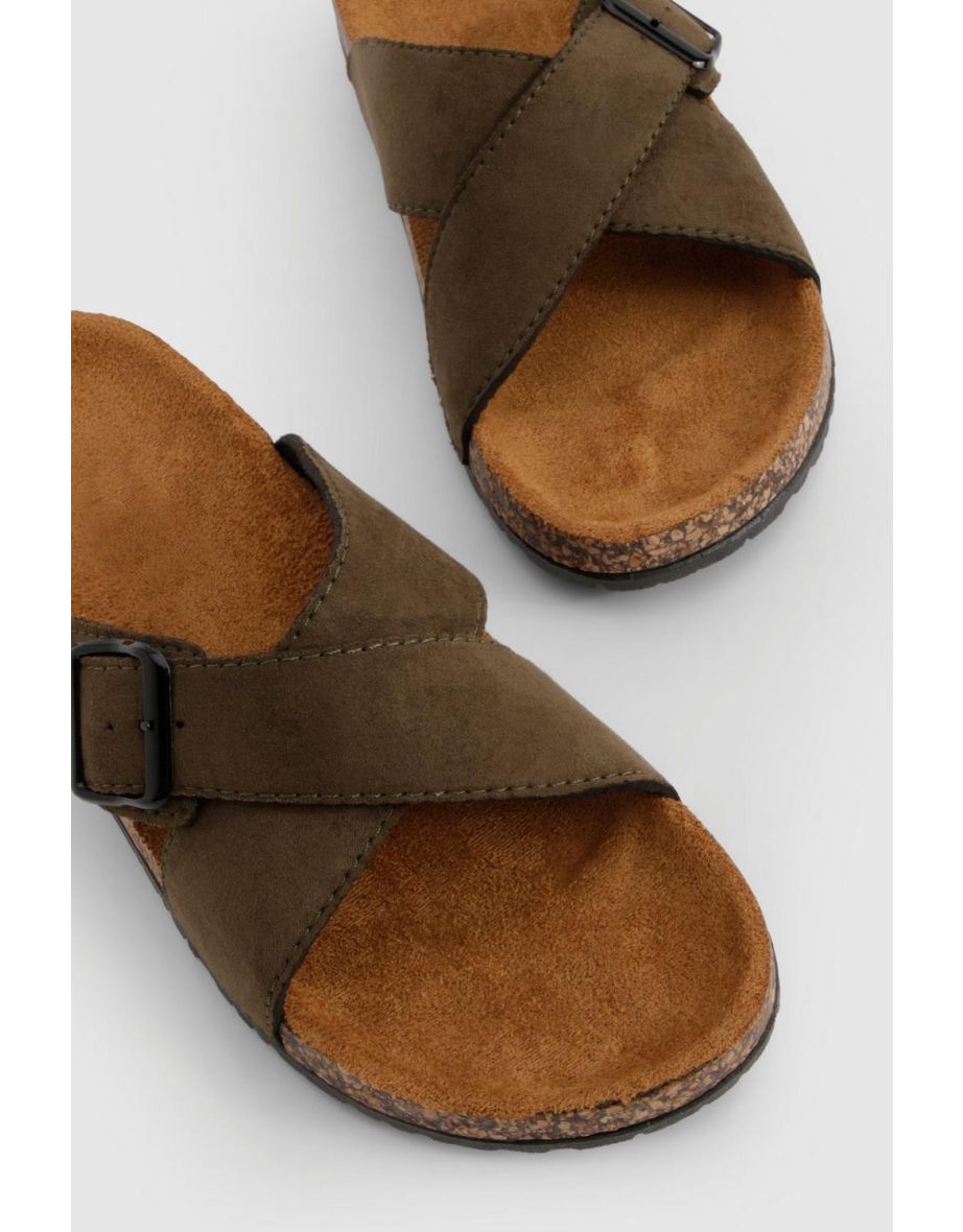 Crossover Strap Footbed Sliders - khaki - 3