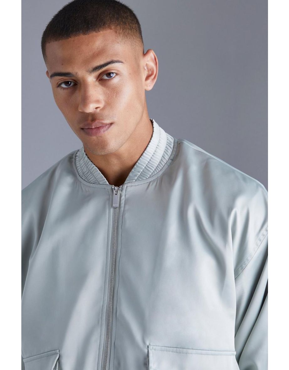 Boxy Satin Bomber With Utility Pocket - sage - 2