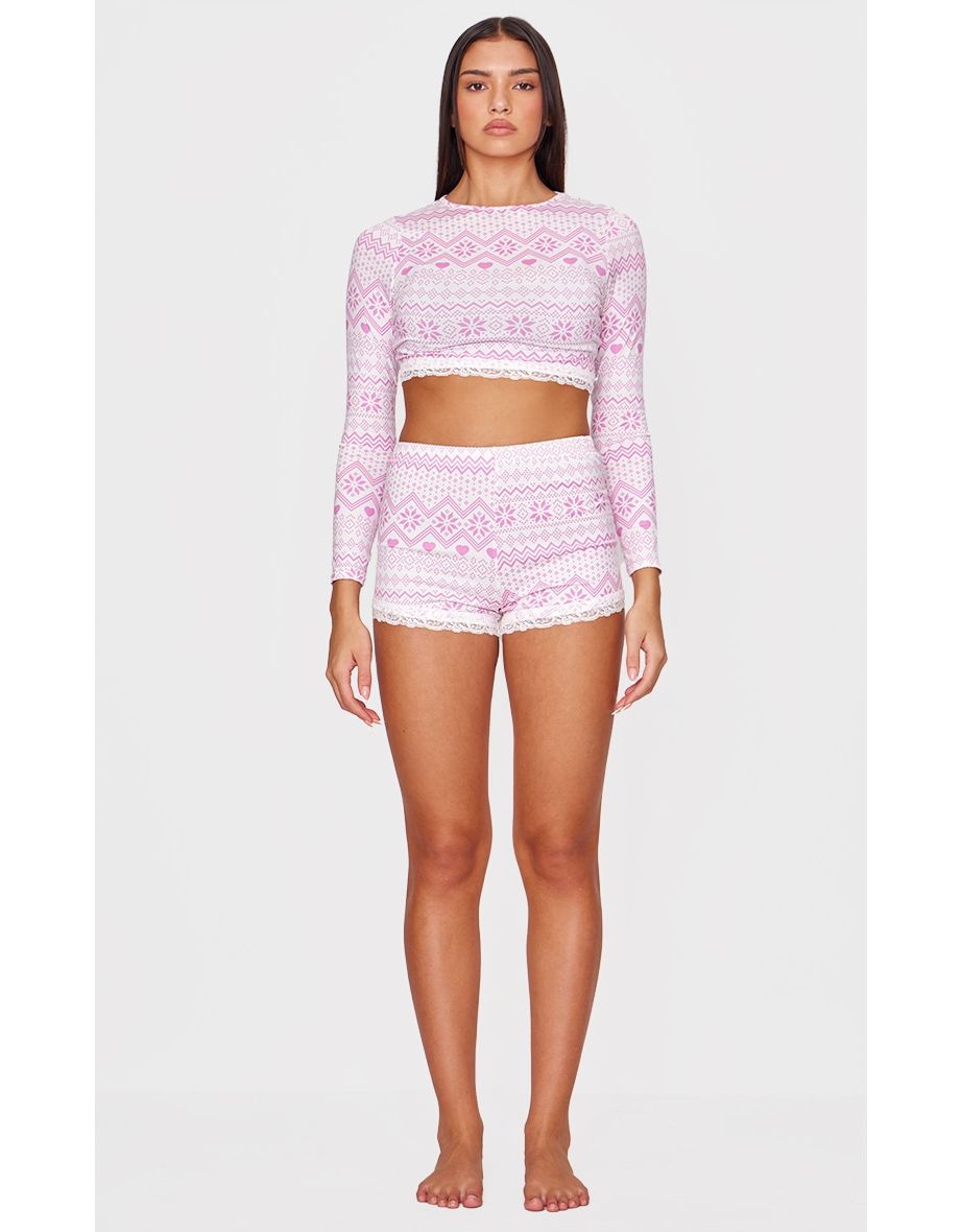 Pink Fairisle Print Lace Trim Short PJ Set