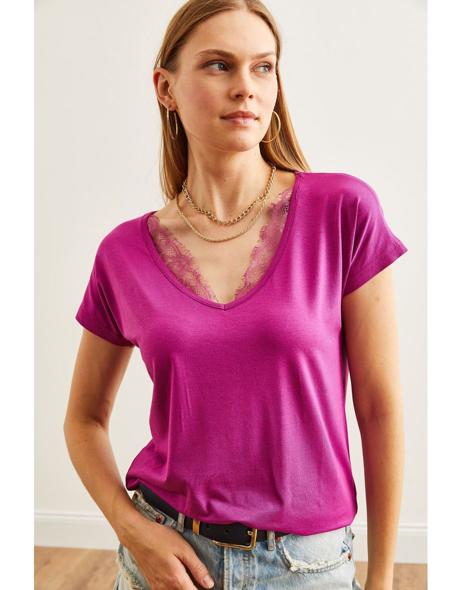 Women's Purple Collar Lace Loose Viscose Blouse - 5