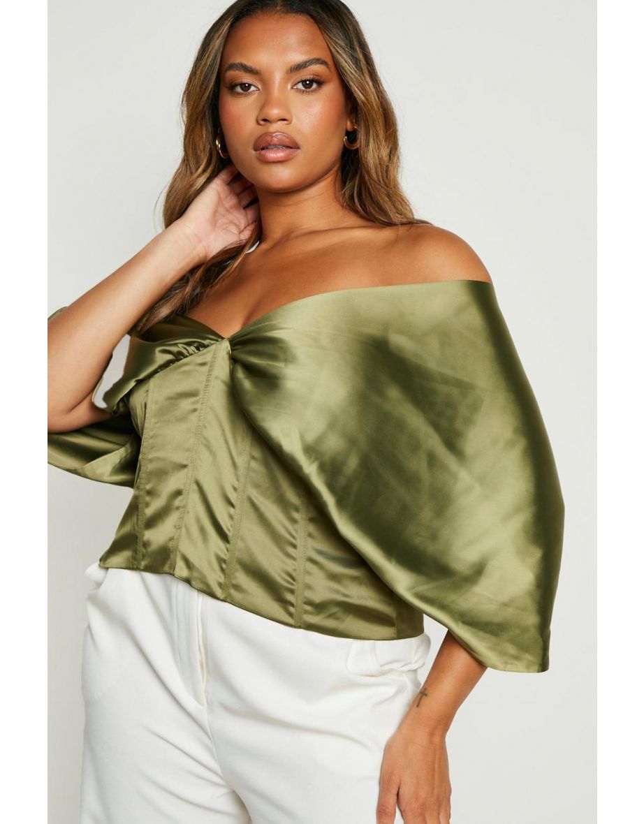 Plus Satin Corset Batwing Top - khaki