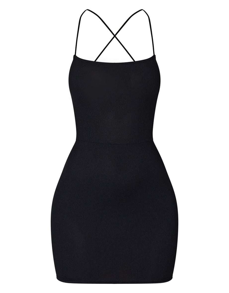 Black Ribbed Lace Up Back Bodycon Dress - 4