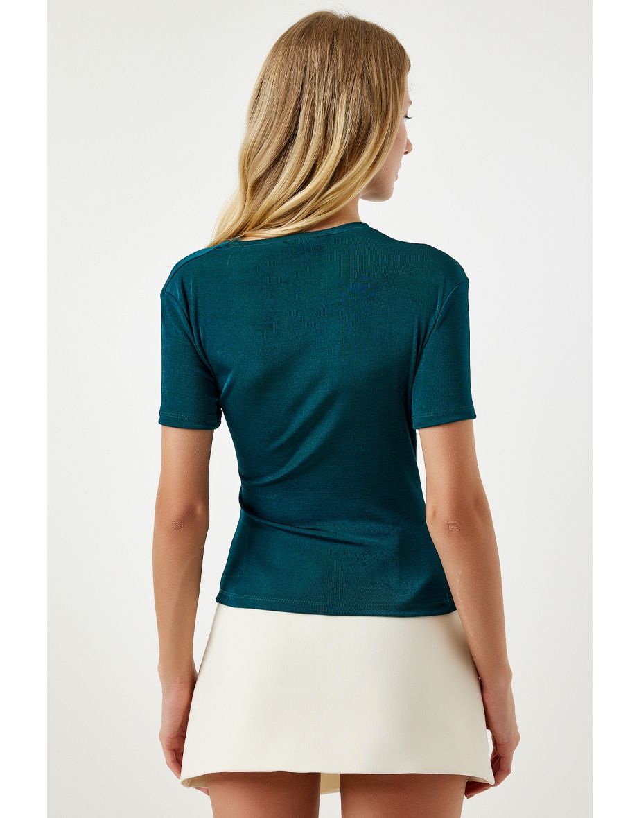 Women's Emerald Green Gathered Detailed Viscose Blouse - 4