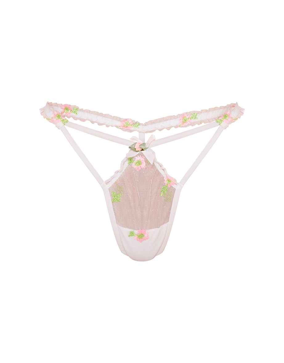 White Flower Embroidered Mesh Thong - 3