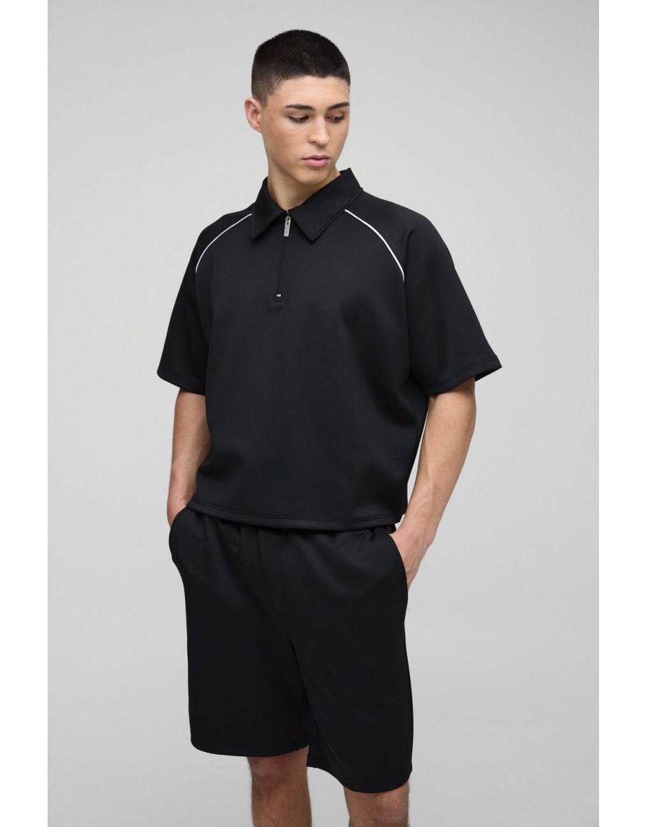 Oversized Boxy Raglan Scuba Polo & Short Set - black