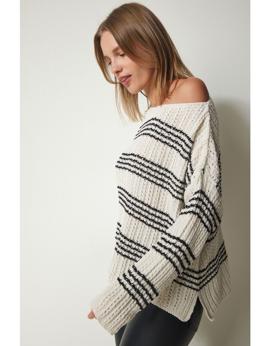 Women's Cream Bateau Neck Striped Knitwear Sweater