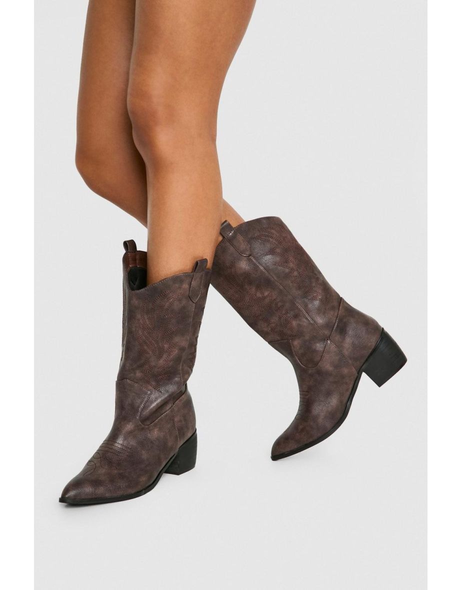 Wide Fit Vintage Look Tab Detail Ankle Cowboy Western Boots - brown