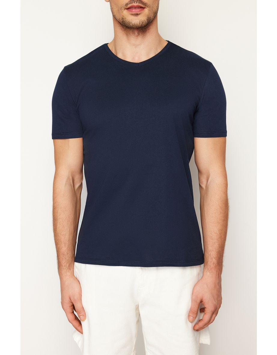Navy Blue Basic Slim V-Neck Short Sleeved T-Shirt. 100% Cotton. - 6