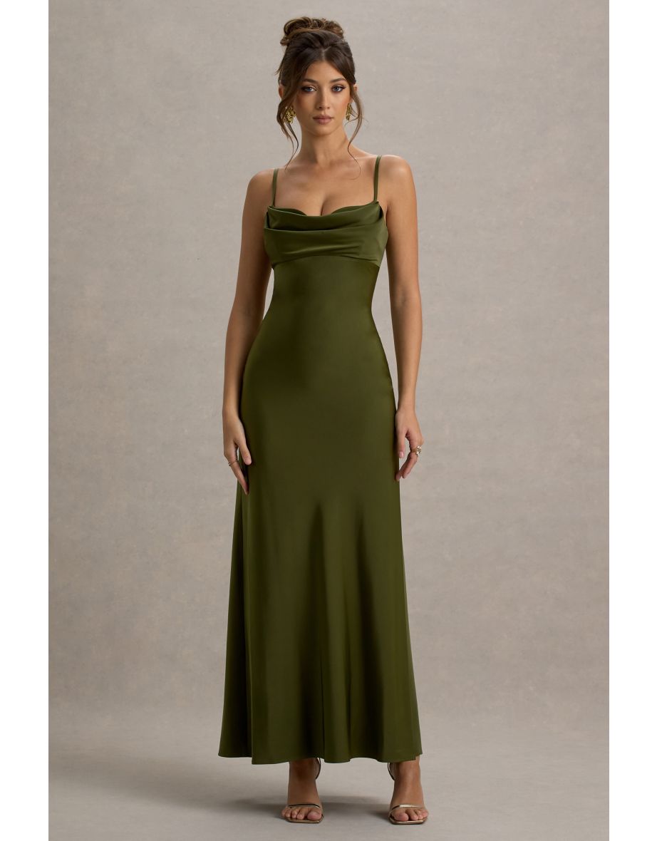 Eimear | Olive Green Satin Draped Sweetheart Maxi Dress