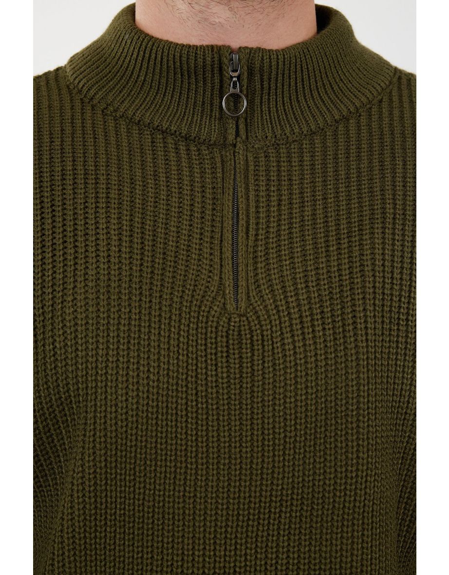 Khaki FL Regular Half Turtleneck Plain Knitwear Sweater - 5