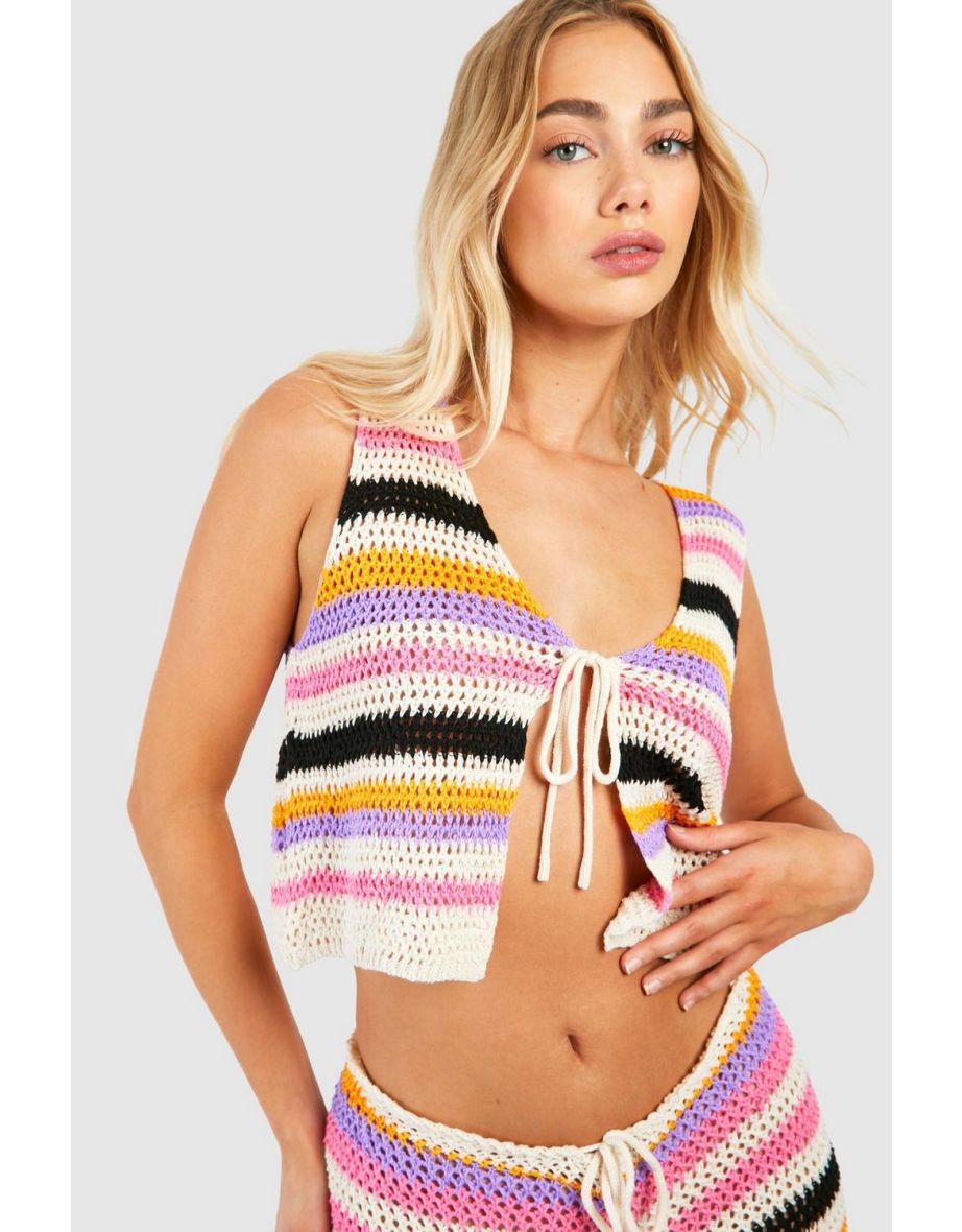 Stripe Crochet Waistcoat And Wide Leg Trouser Knitted Set - 3