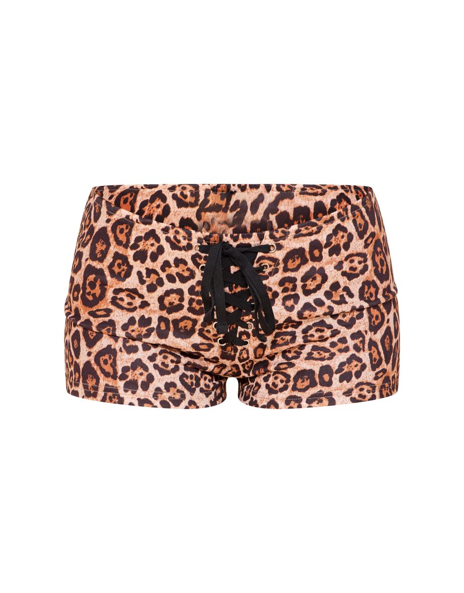 Leopard Print Suede Look Lace Up Hot Pants - 5