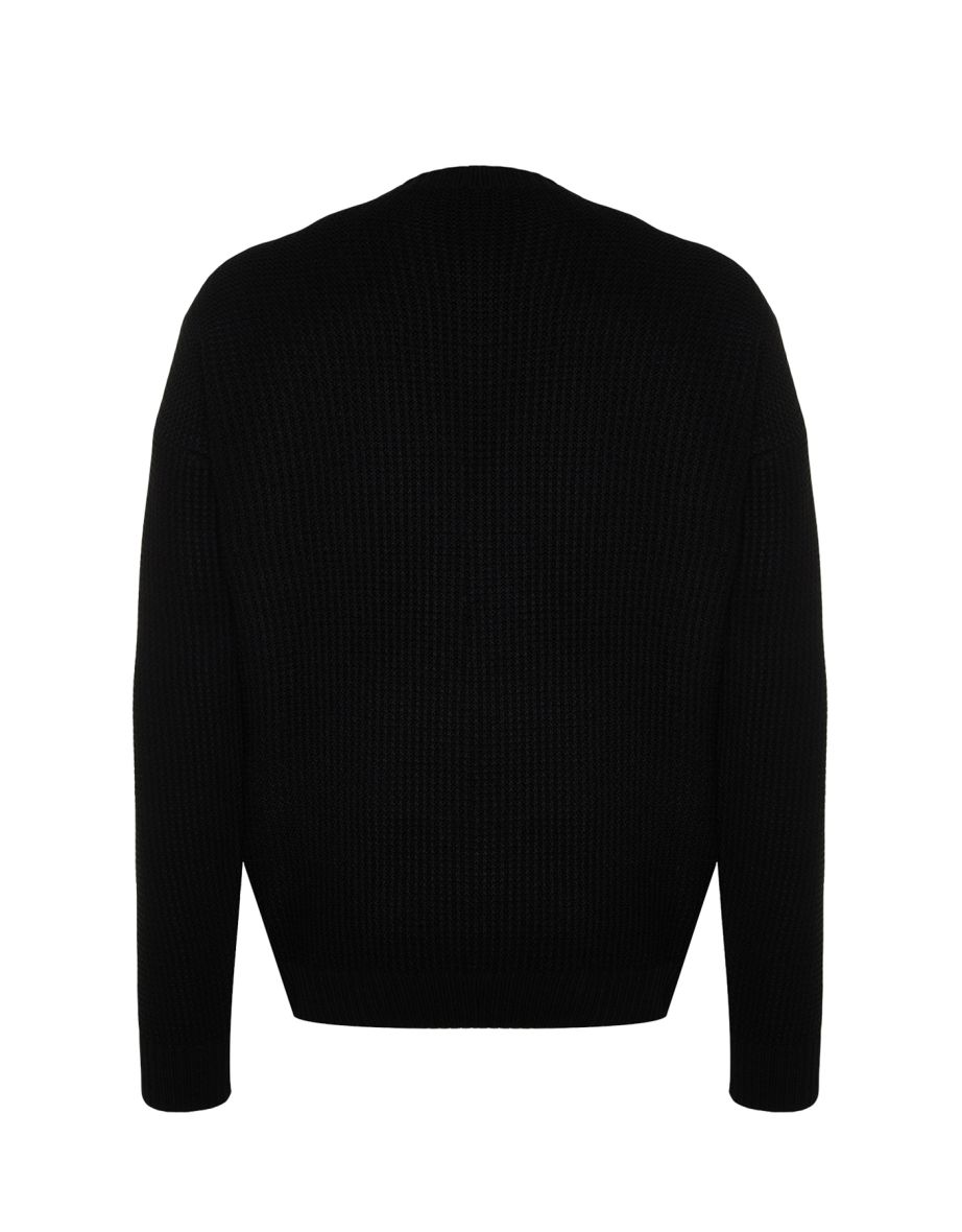 Black Men's Oversize Fit Wide Fit Crew Neck Embroidery Knitwear Sweater. - 8