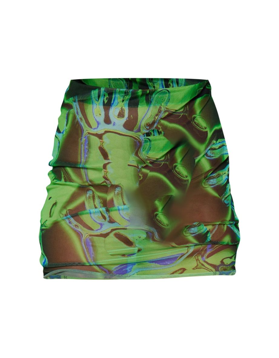 Green Abstract Print Mesh Lettuce Hem Mini Skirt - 5