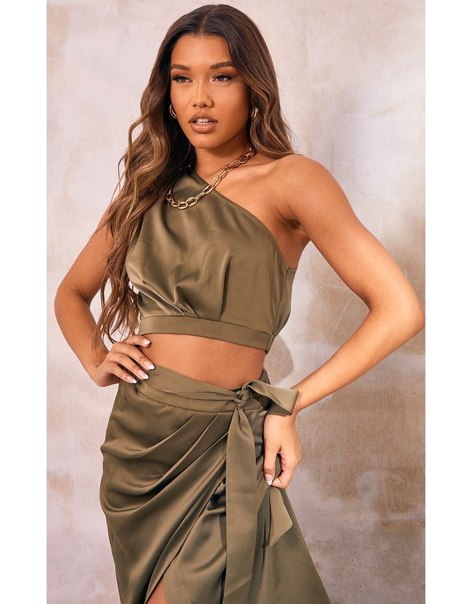 Khaki Structured Satin One Shoulder Sleeveless Crop Top