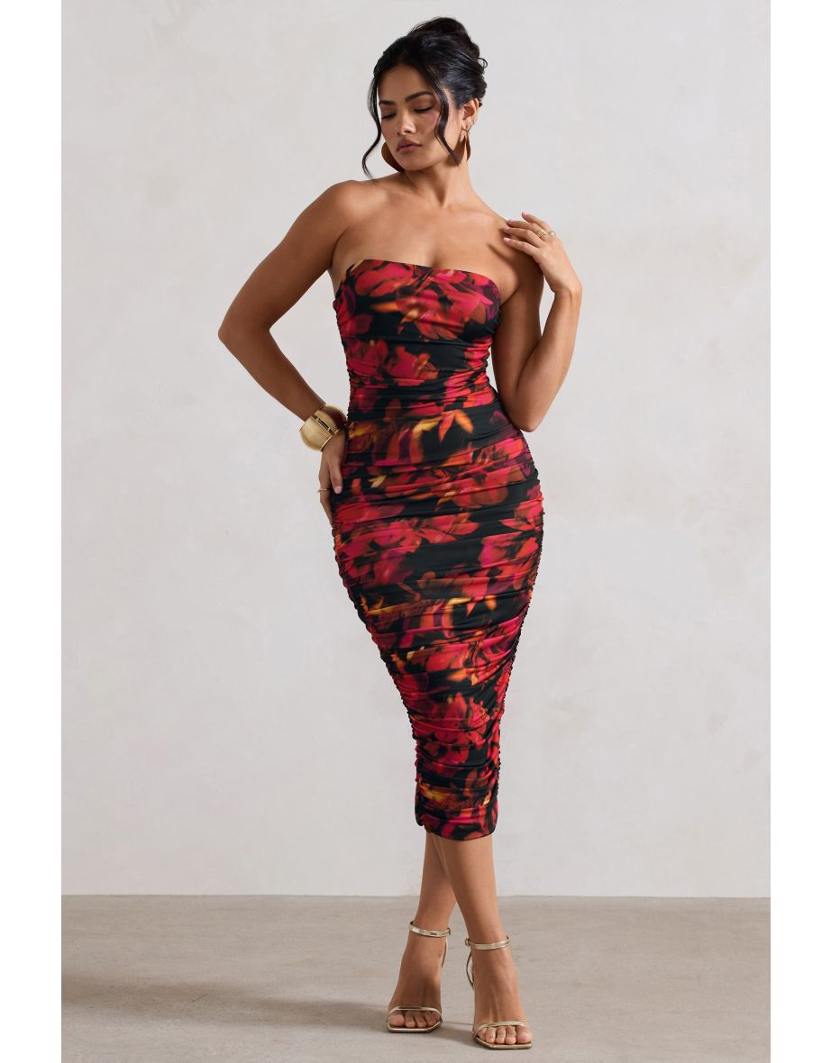 Inara | Orange Floral Print Strapless Ruched Midi Dress - 4