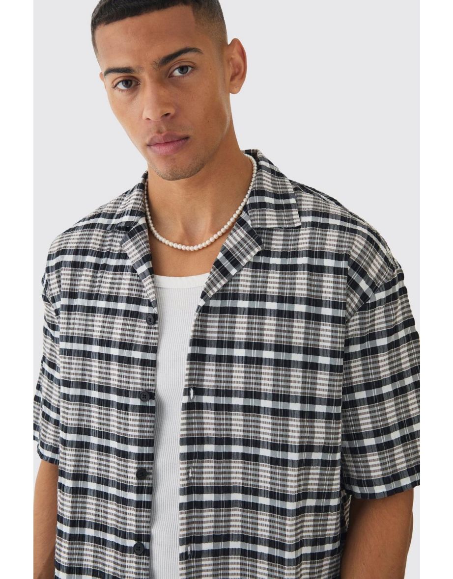 Oversized Seersucker Check Revere Short Sleeve Shirt - black - 2
