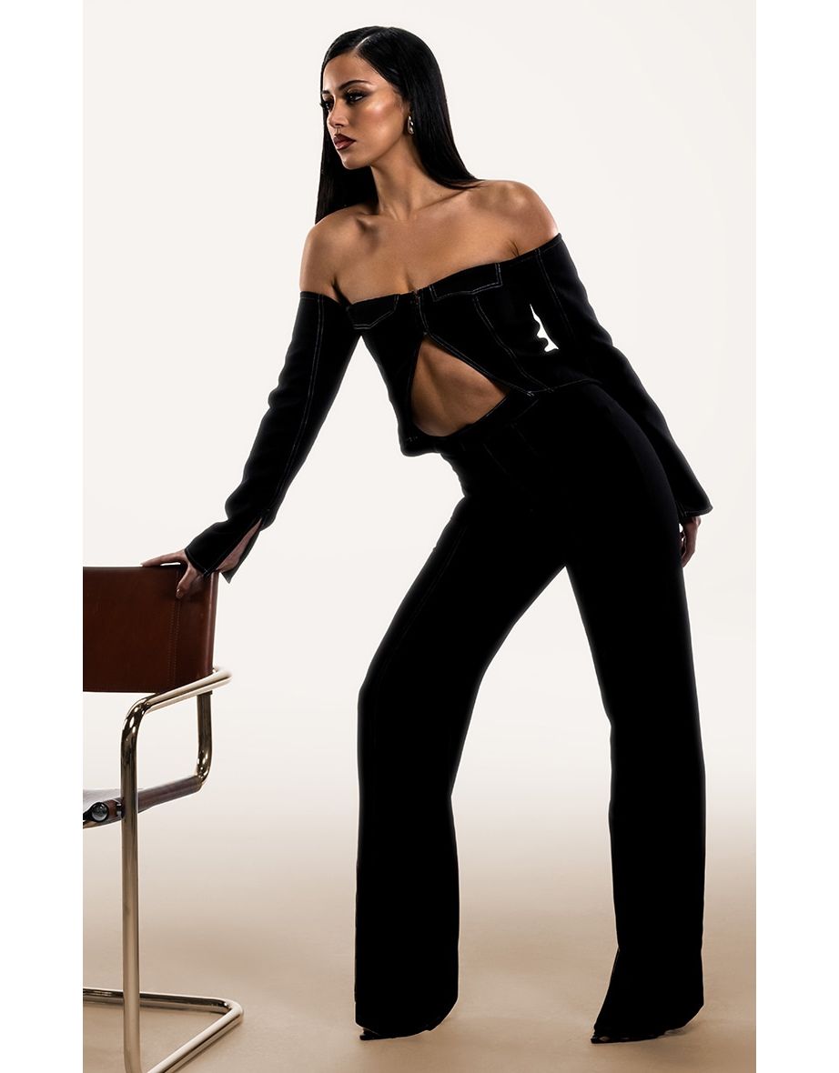 PLT Label Black Contrast Stitch Tailored Trousers
