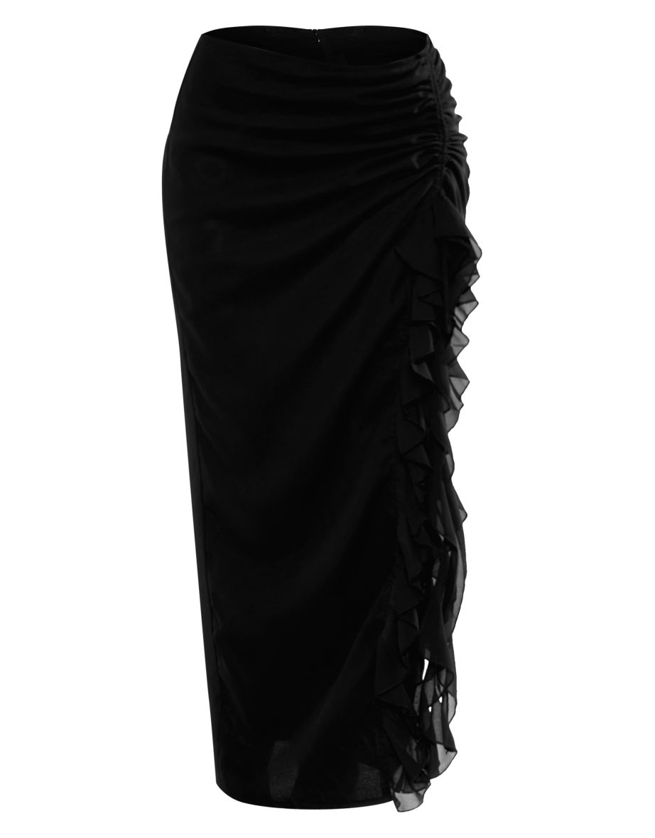 Black Chiffon Ruffle Ruched Maxi Skirt - 4