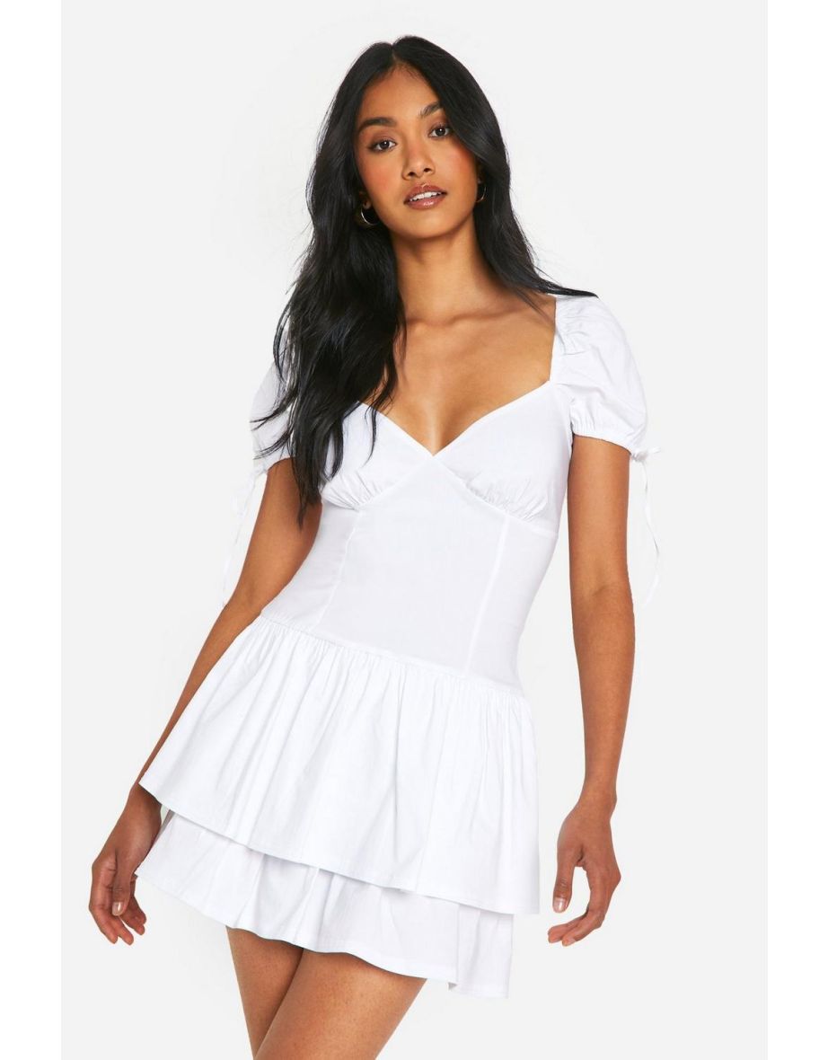 Frill Puff Sleeve Milkmaid Mini Dress - white