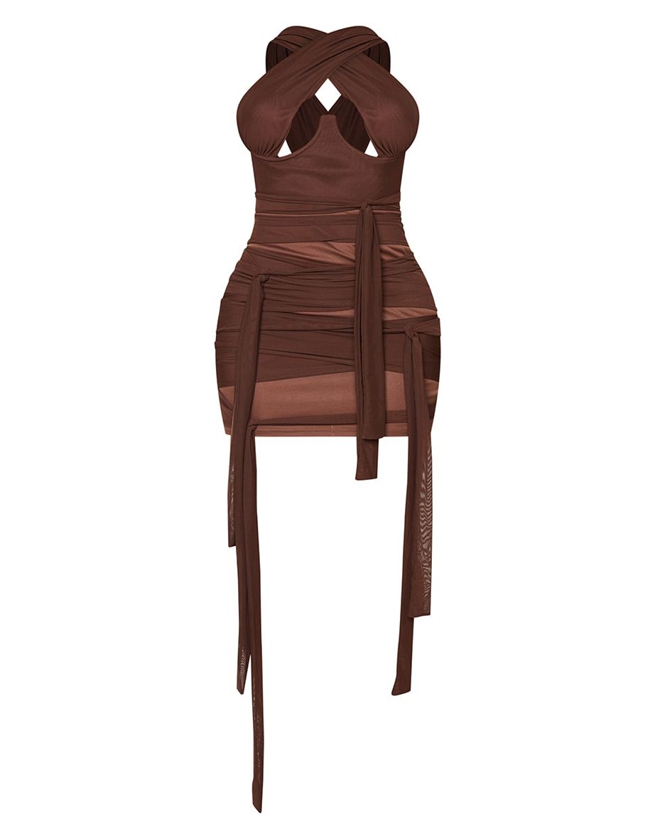 Shape Chocolate Brown Mesh Wrap Neck Tie Detail Bodycon Dress - 3
