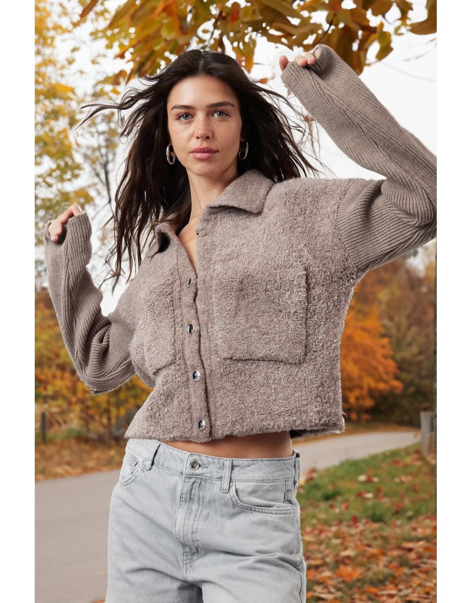 Mink Boucle Polo Neck Knitwear Cardigan - 6