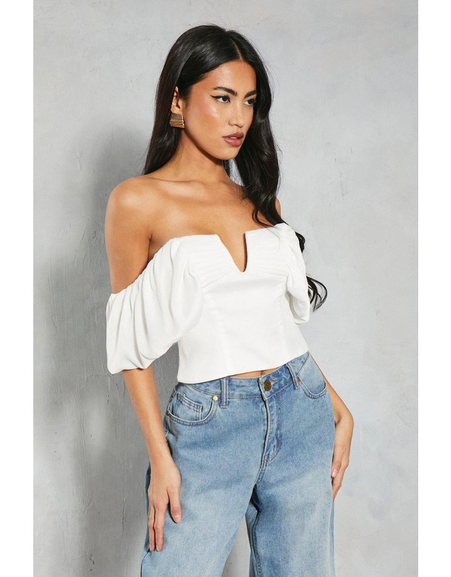 Textured Satin Pleated Bust Frill Bardot Top