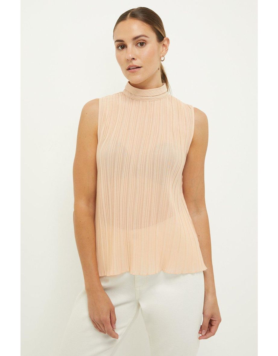 Pleated High Neck Shell Top