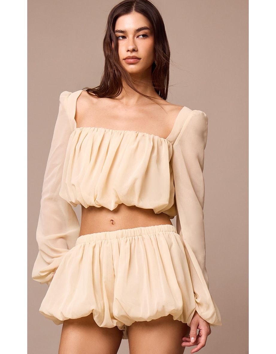Almond Chiffon Ruched Long Sleeve Blouse