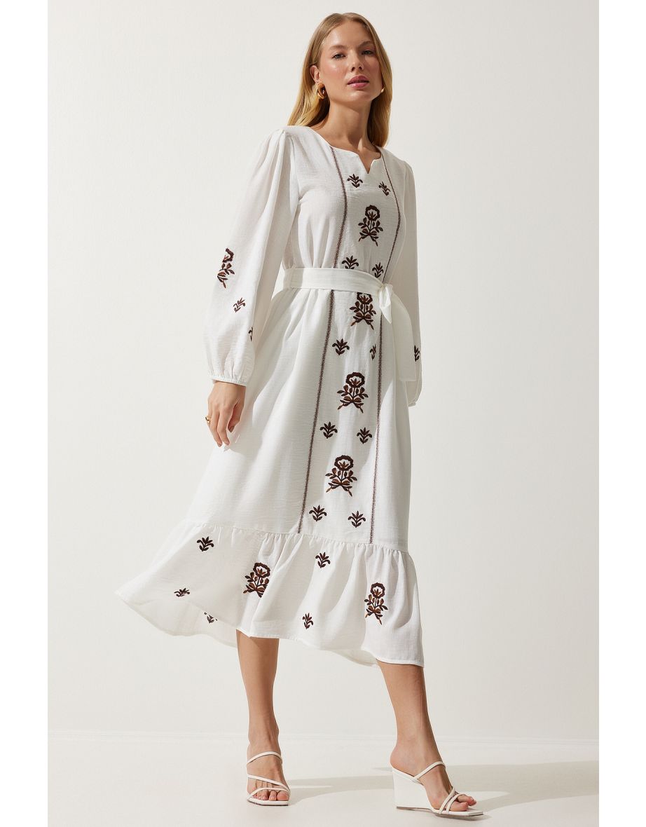 Women's Ecru Embroidered Linen Surface Long Woven Dress