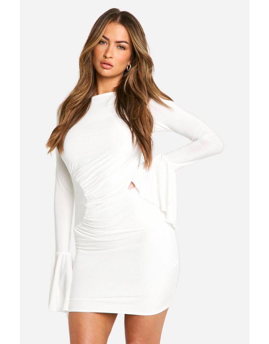 Ruched Flare Sleeve Slinky Mini Dress - white