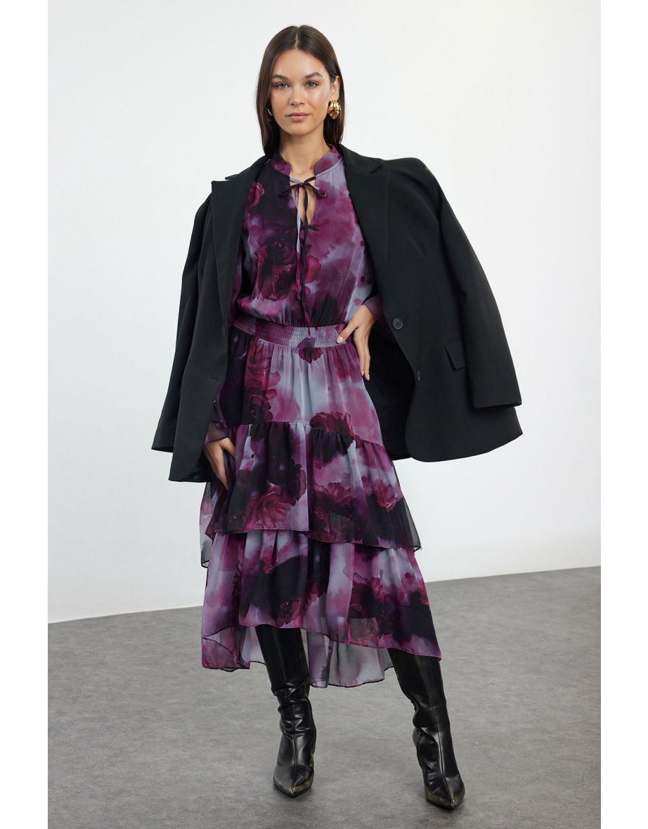 Limited Edition Plum Shawl Pattern Skater Ruffle Midi Woven Dress